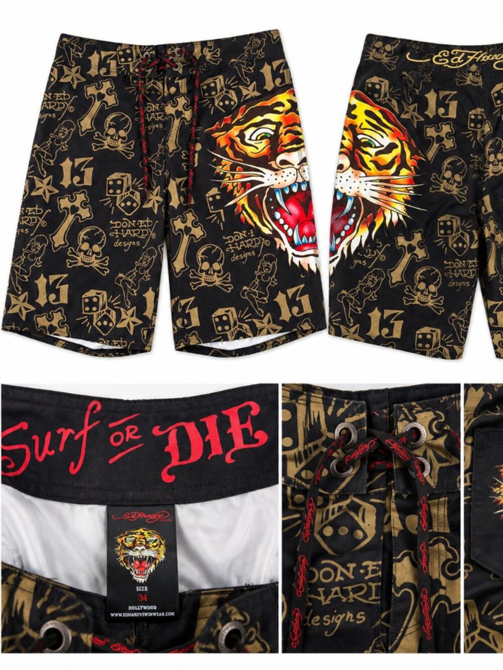 Vintage Ed Hardy Tiger Board Shorts – Black & Gold Skull Tattoo Print – Size 34